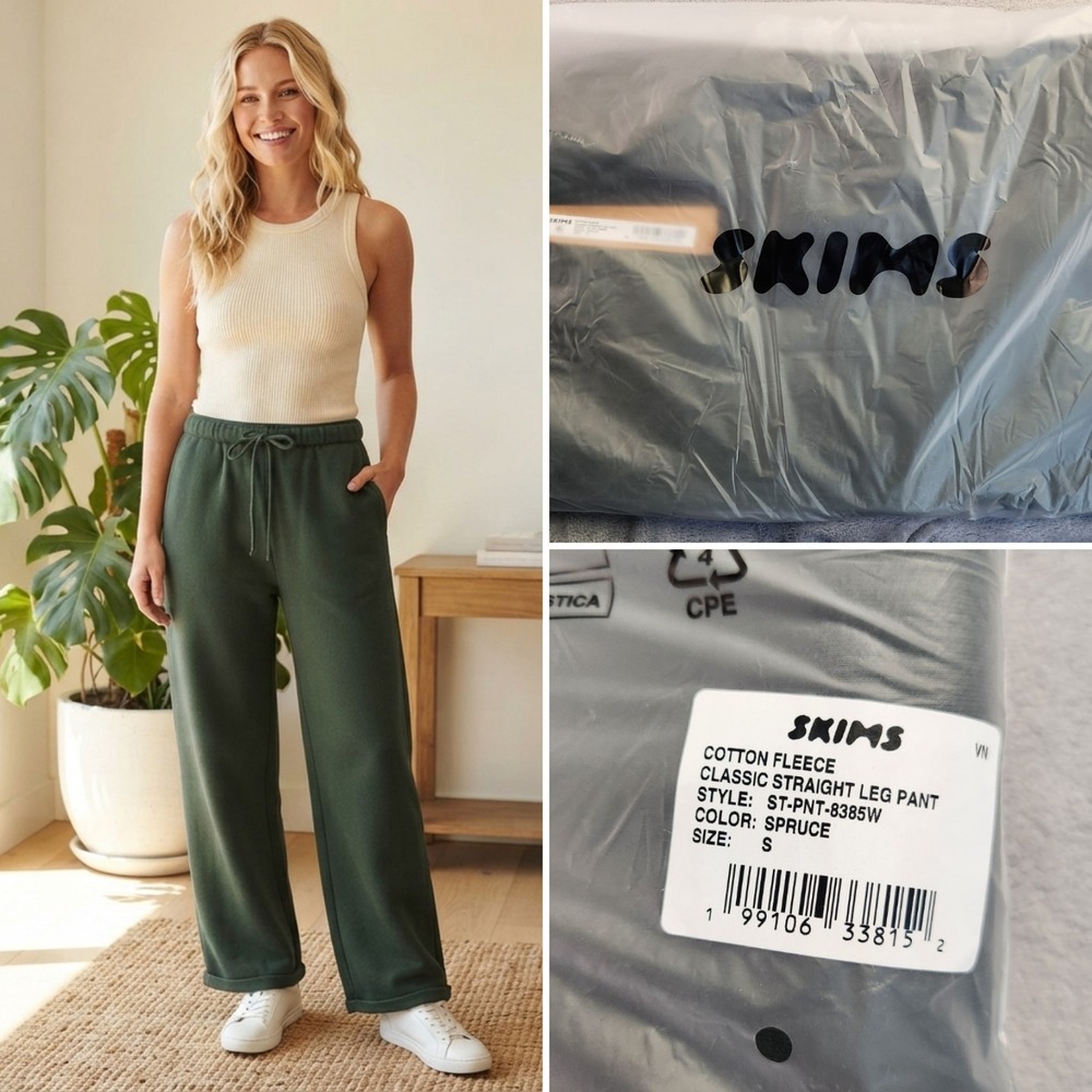 New SKIMS Cotton Fleece Classic Straight Leg Pant Spruce Green Small S Sweatpant
